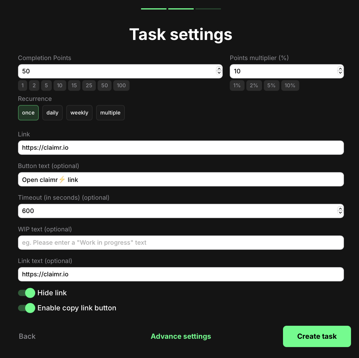 Visit a link task settings