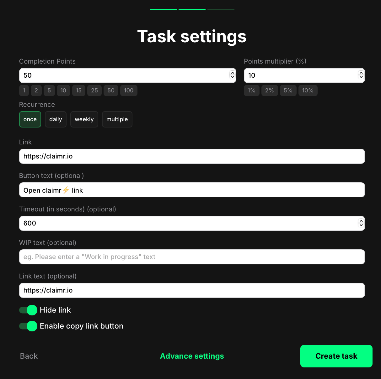 Visit a link task settings