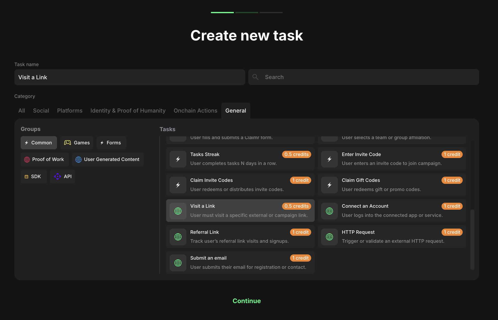 Visit a link task type selection