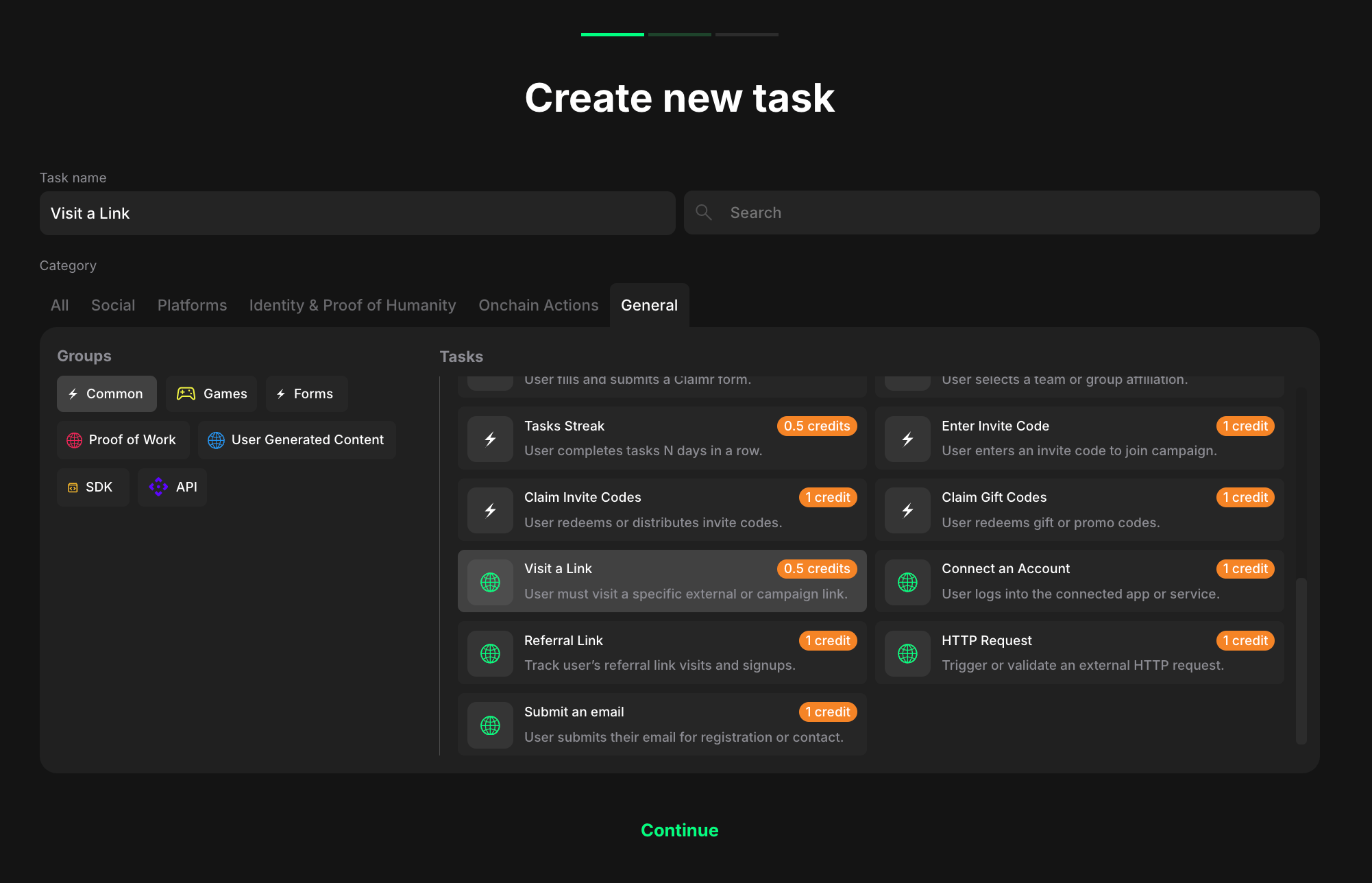 Visit a link task type selection