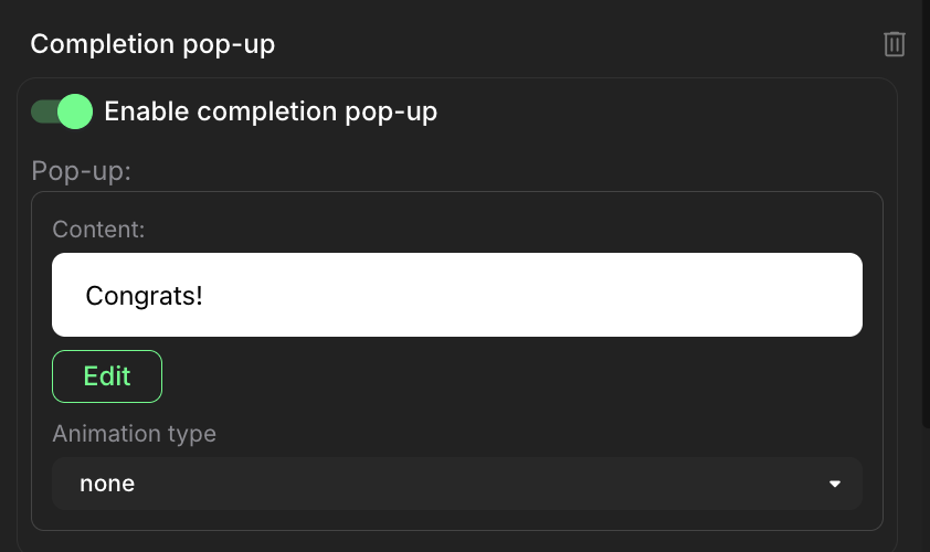 Completion pop-up section