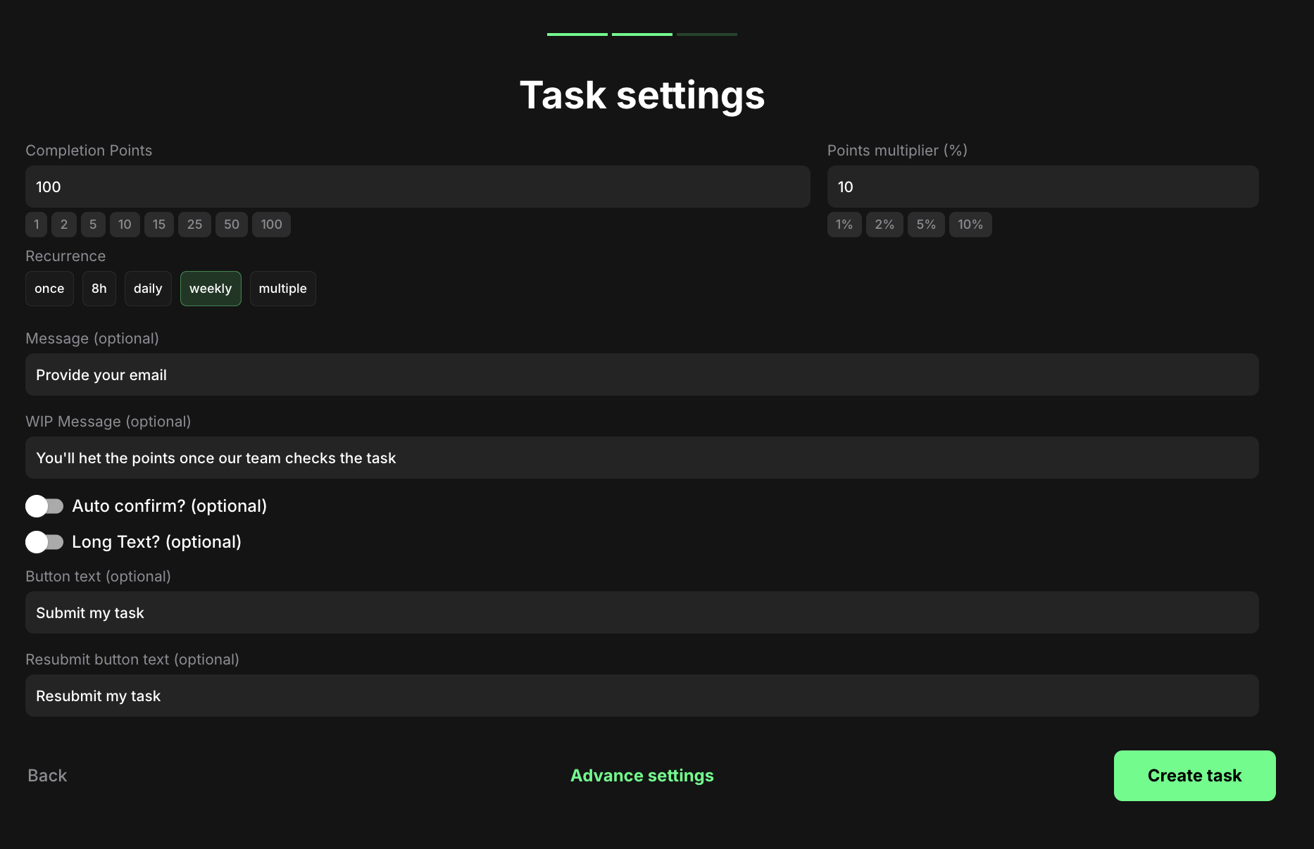 Custom task PoW settings