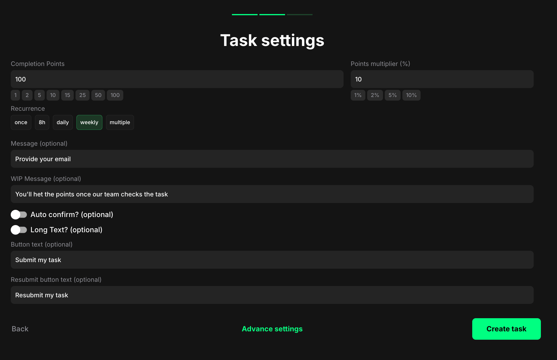Custom task PoW settings