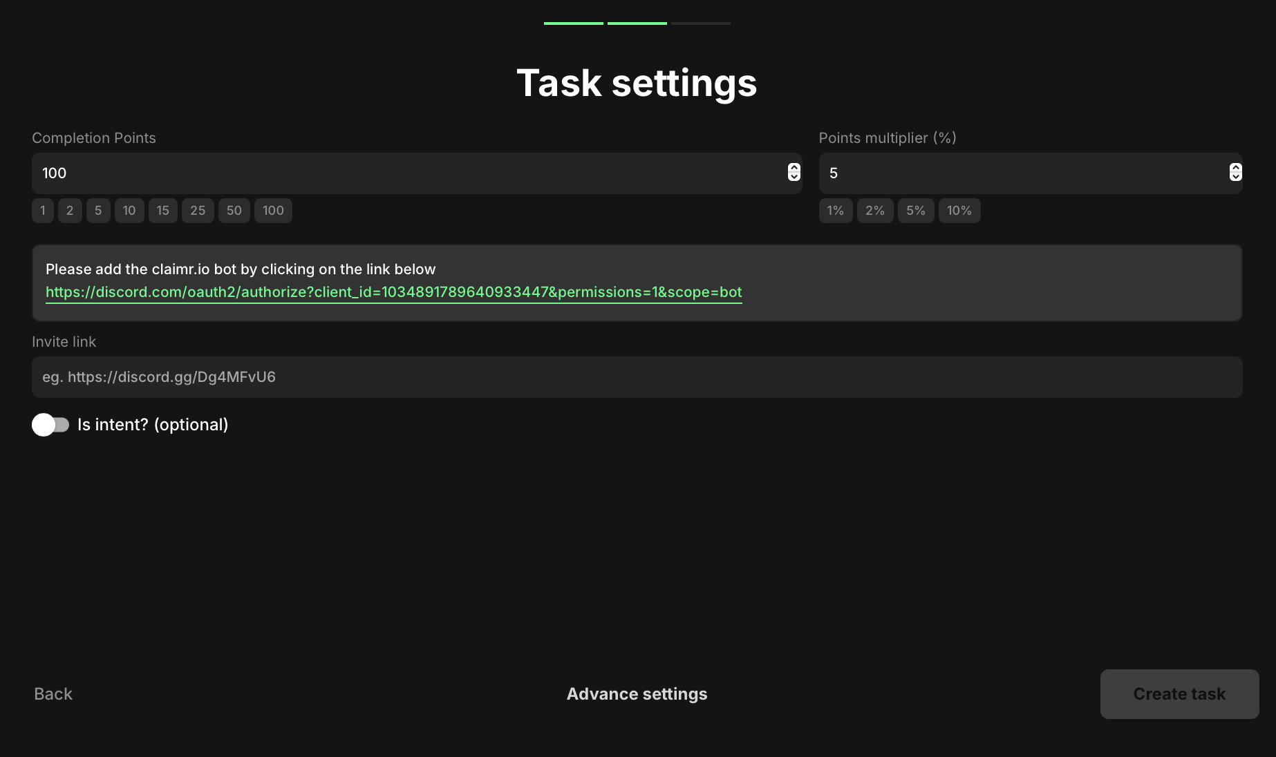 Discord join task settings