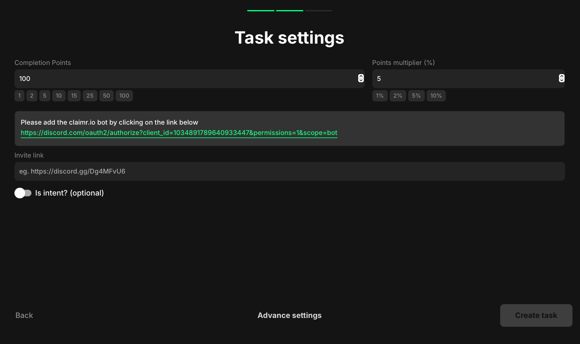 Discord join task settings
