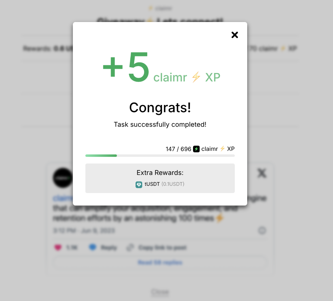 Example completed task pop-up