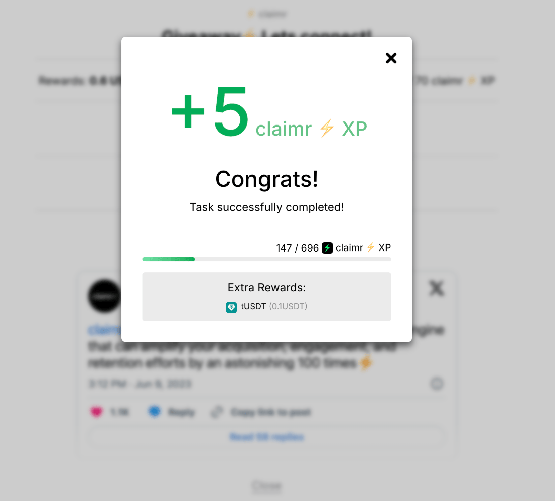 Example completed task pop-up