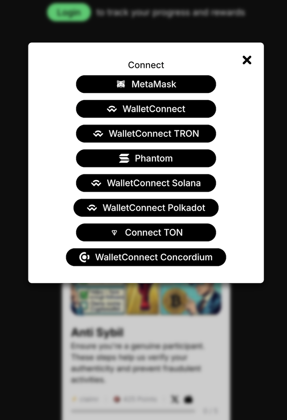 Example wallet connect pop-up