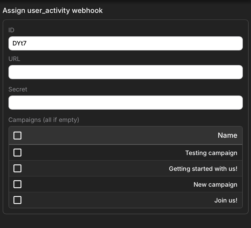 Assign webhook modal window
