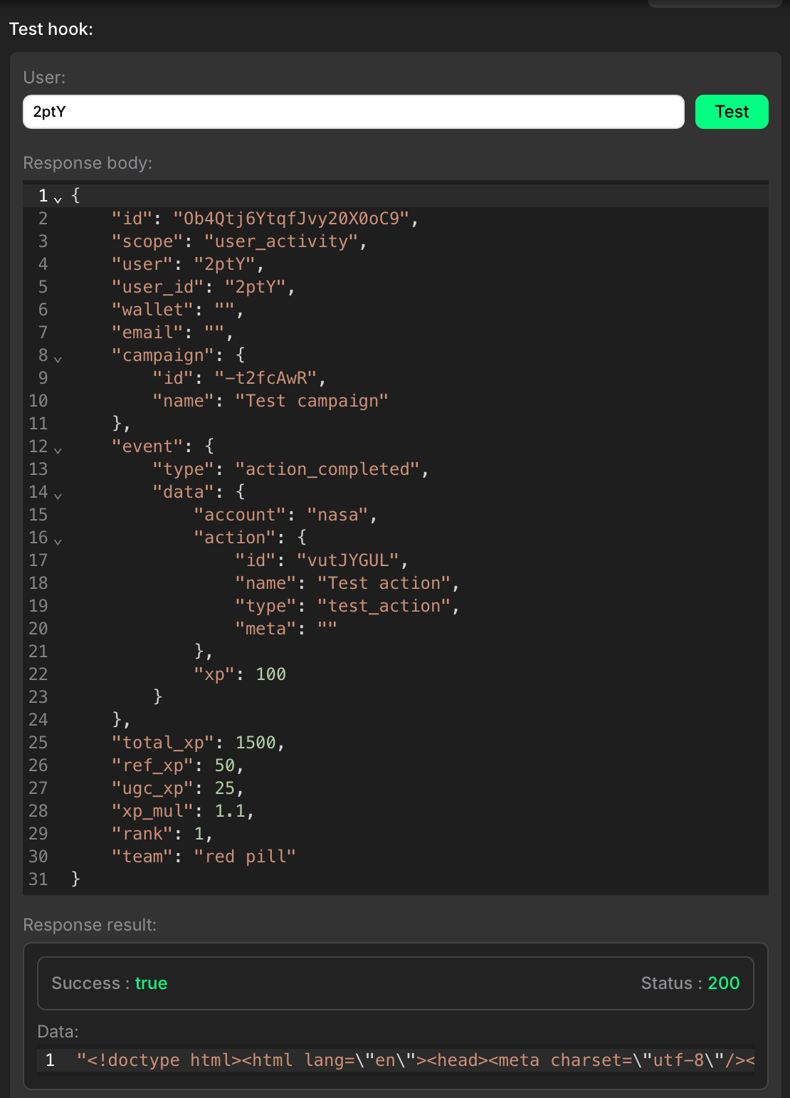 Successful webhook test example