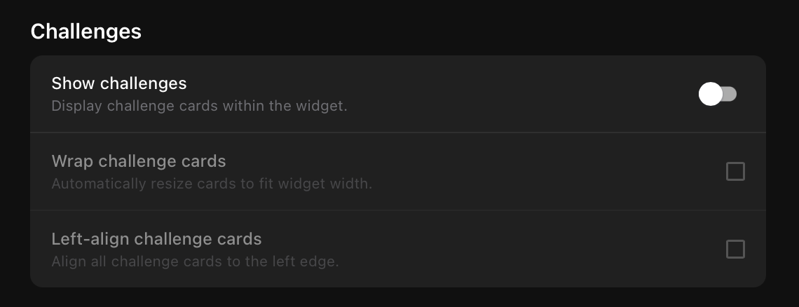 Challenges settings panel