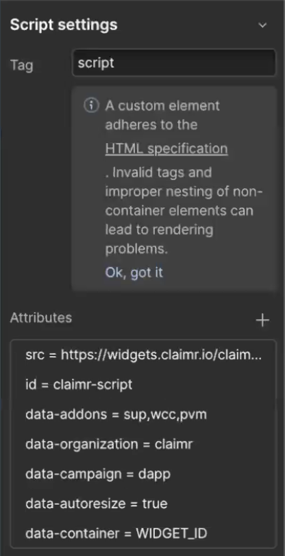 Example of script attributes copied to Webflow