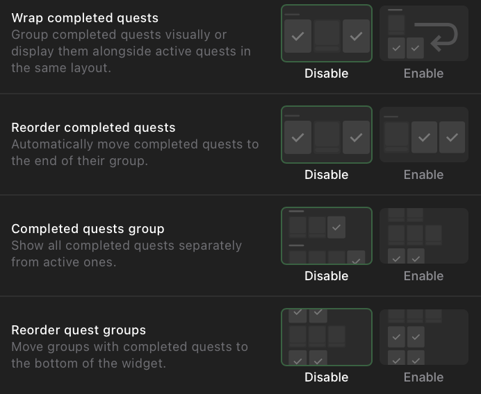 Completed quests settings panel