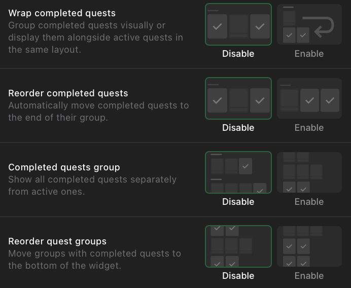 Completed quests settings panel