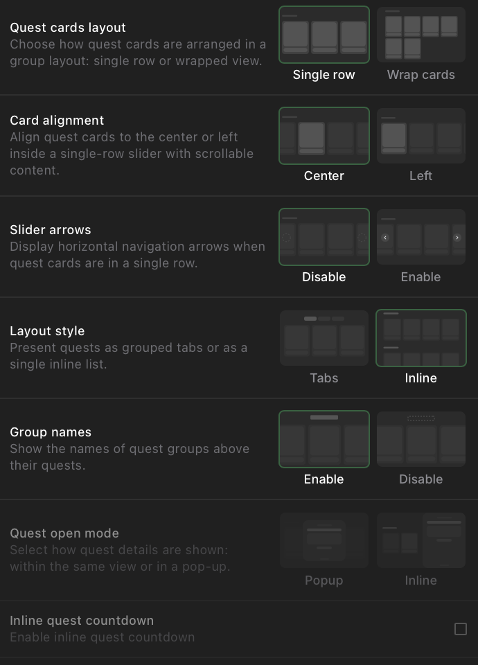 Groups layout settings panel