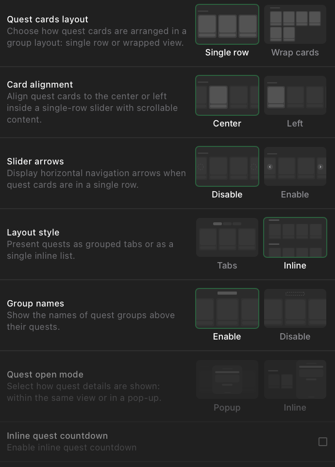 Groups layout settings panel