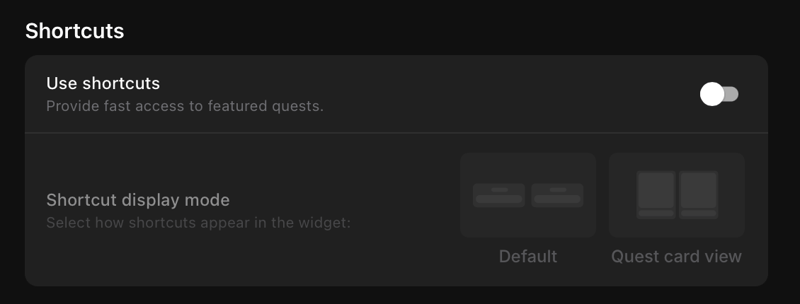 Shortcuts settings panel