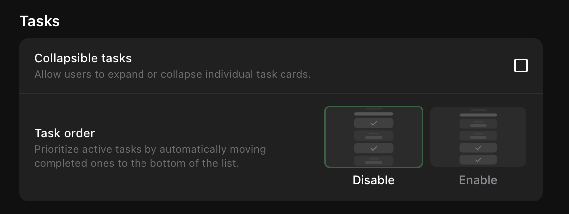 Tasks settings panel