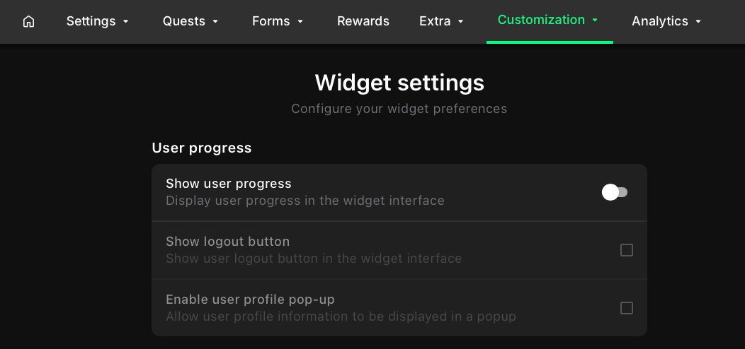 User progress settings panel
