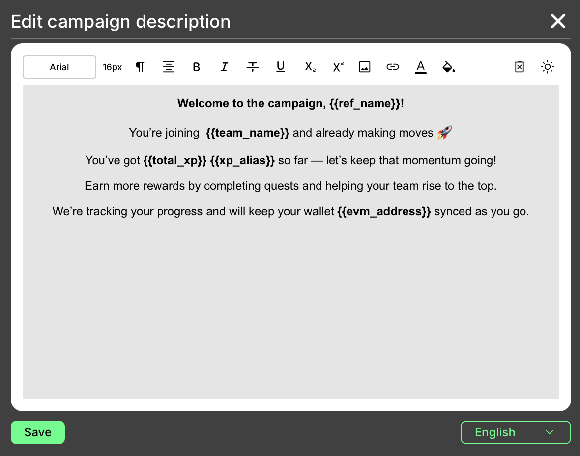 Campaign description tags editor