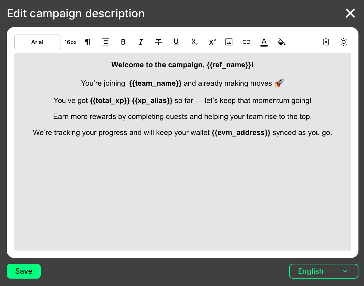 Campaign description tags editor
