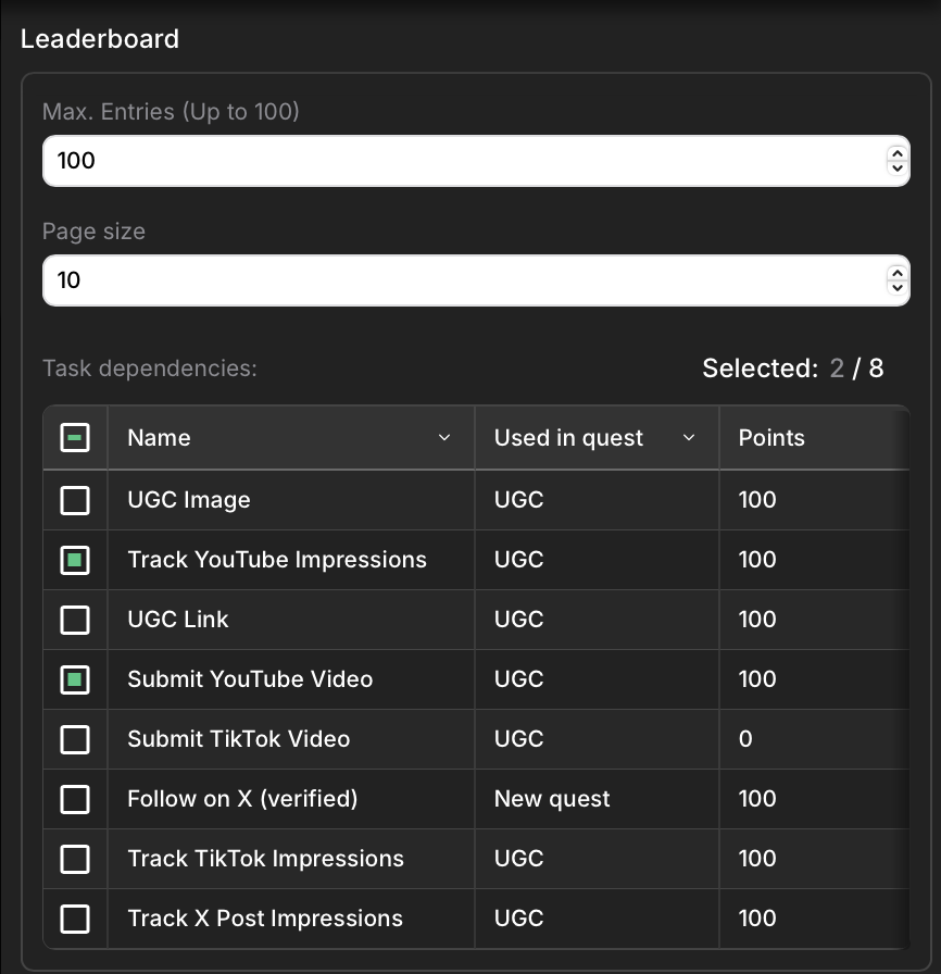 Leaderboard settings edit window