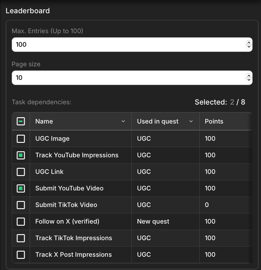 Leaderboard settings edit window