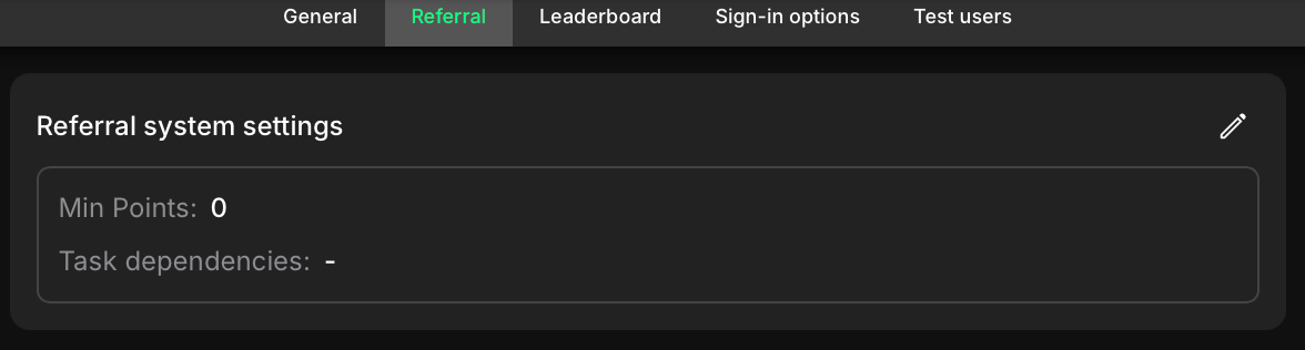 Referral settings panel