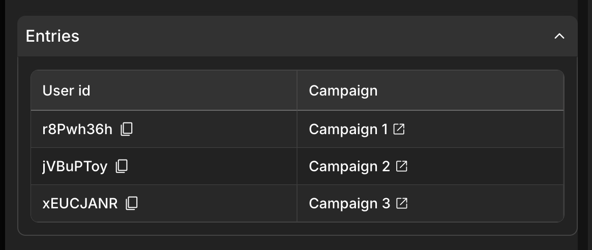 Test user detail: entries section