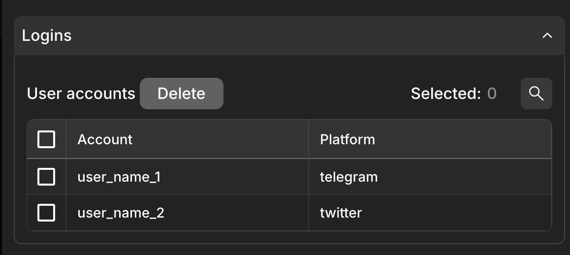 Test user detail: logins section