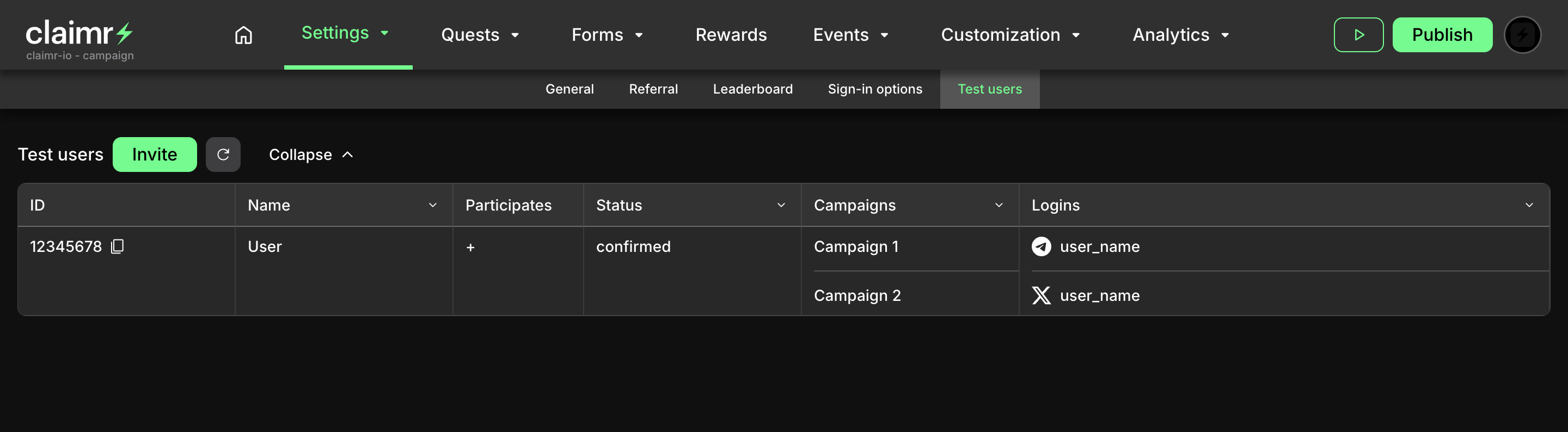 Access the Test users section