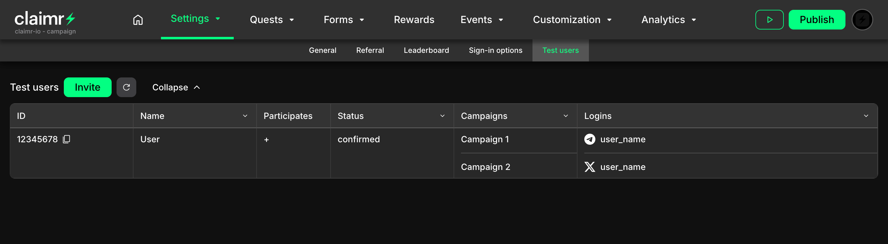 Access the Test users section