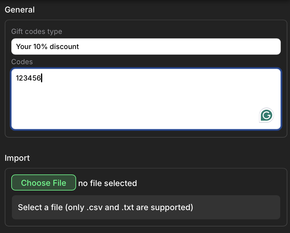 Gift code settings