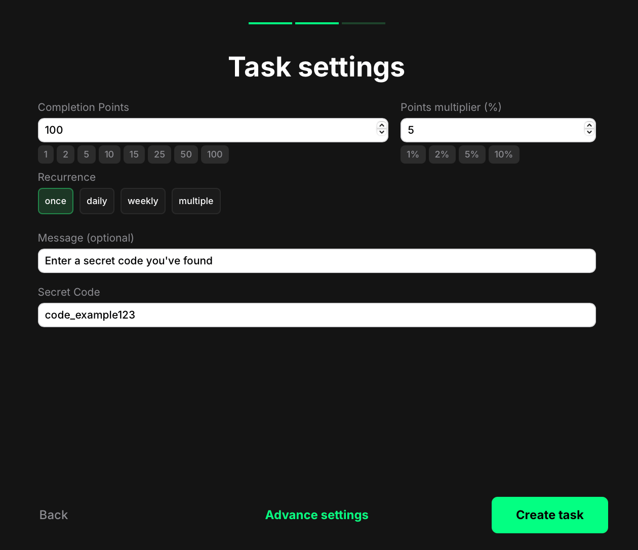 Secret code task settings