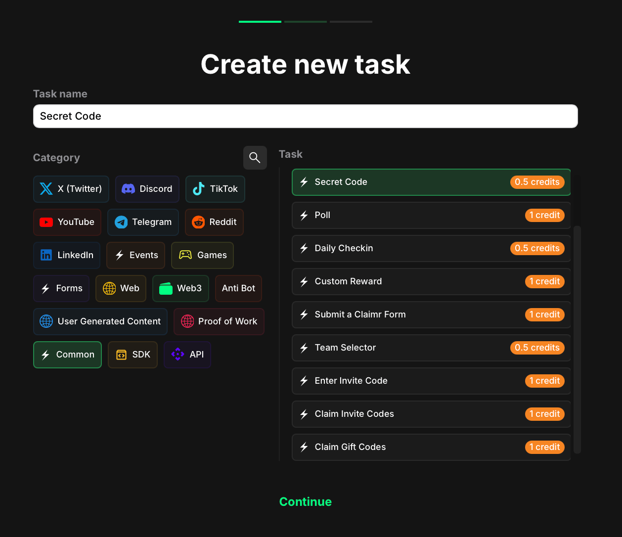 Secret code task type stage