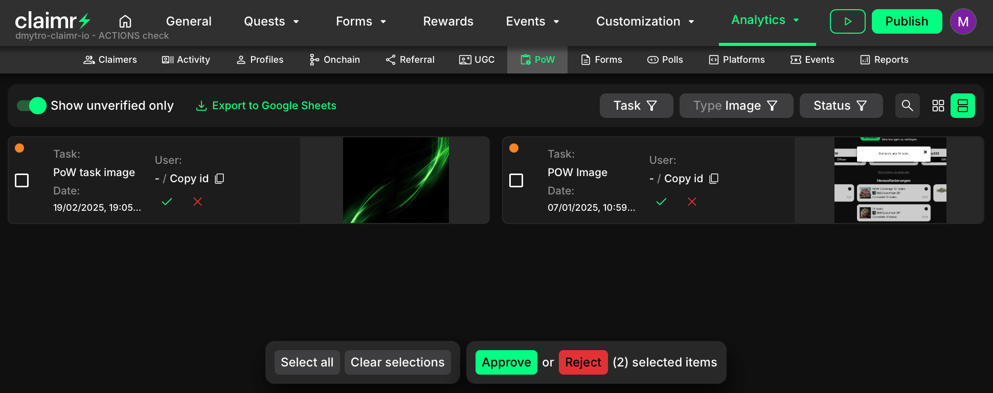 PoW analytics dashboard