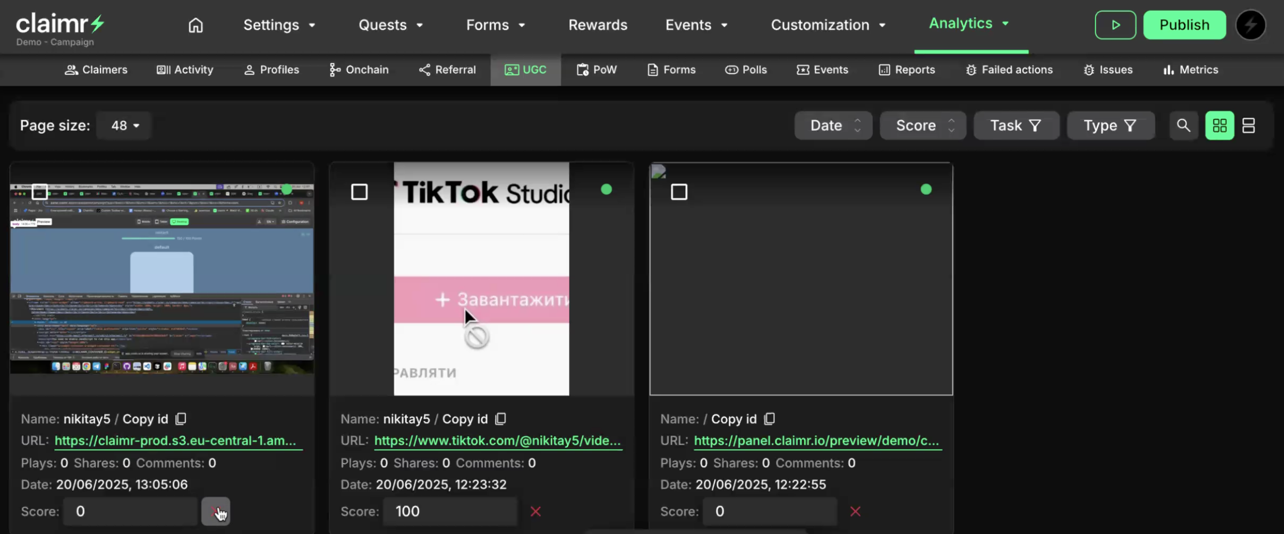 UGC dashboard