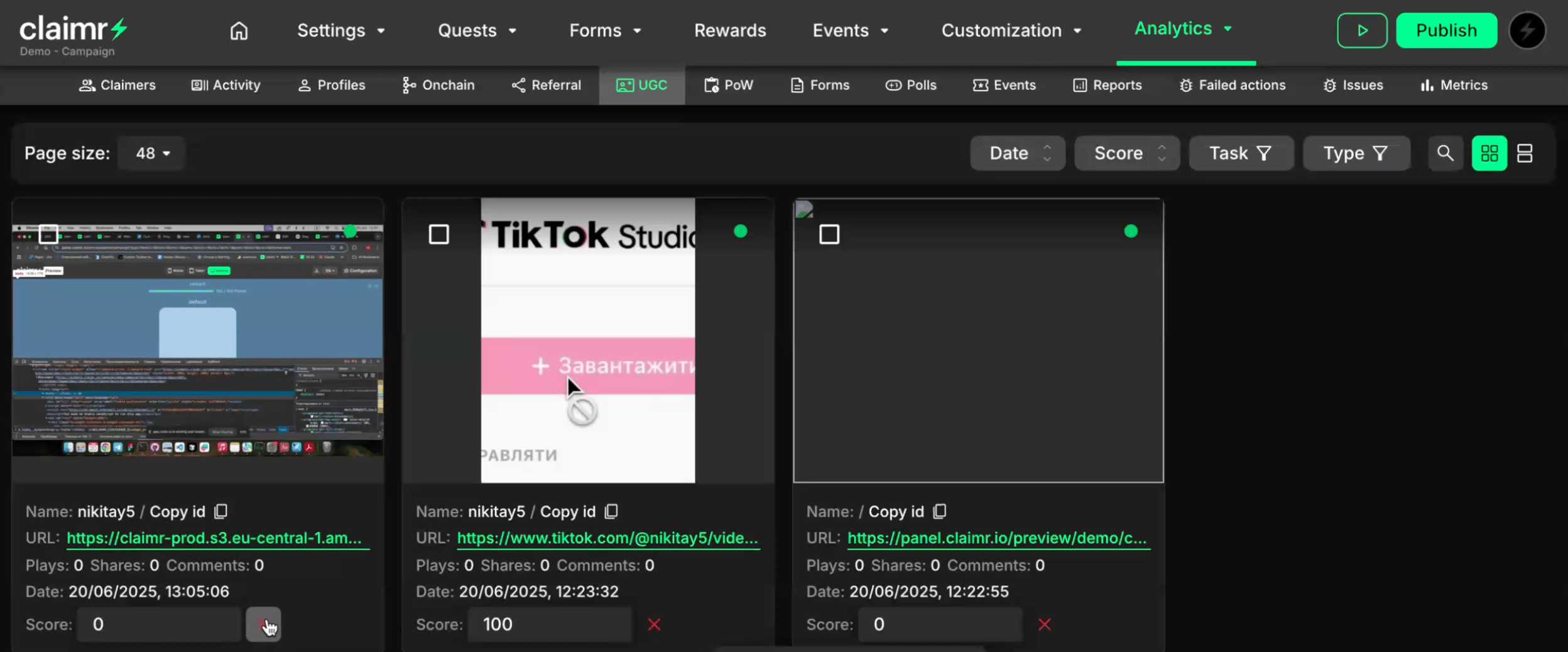 UGC dashboard