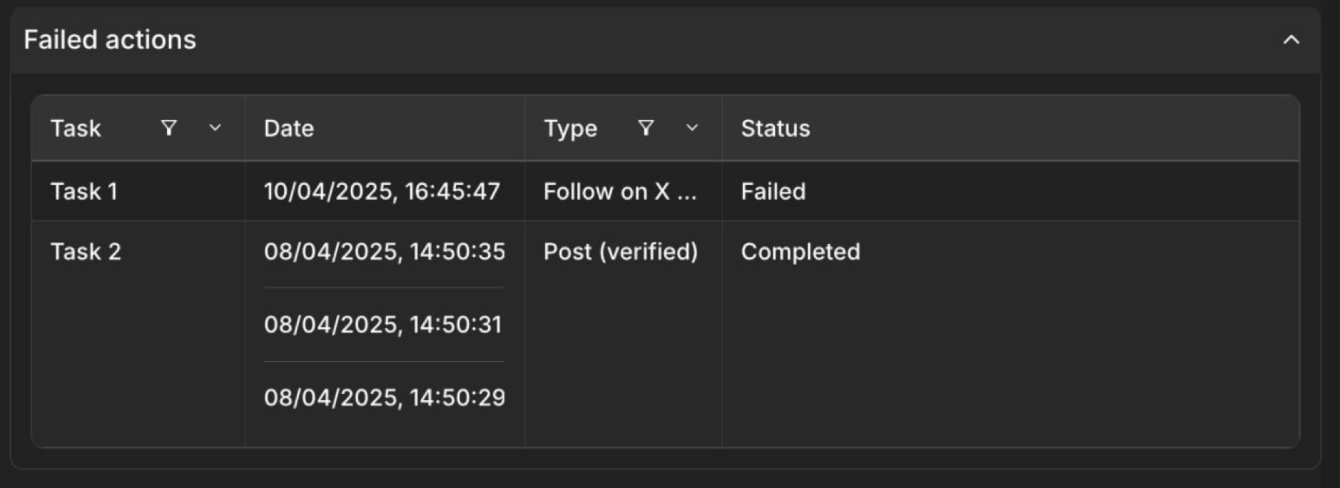 Failed actions section
