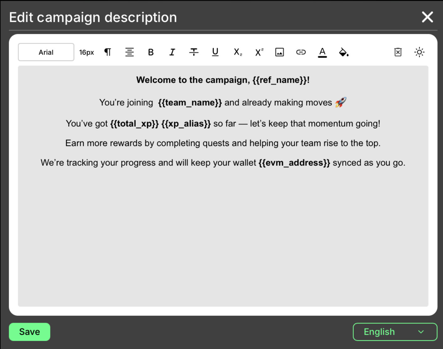 Description tags picker in the text editor