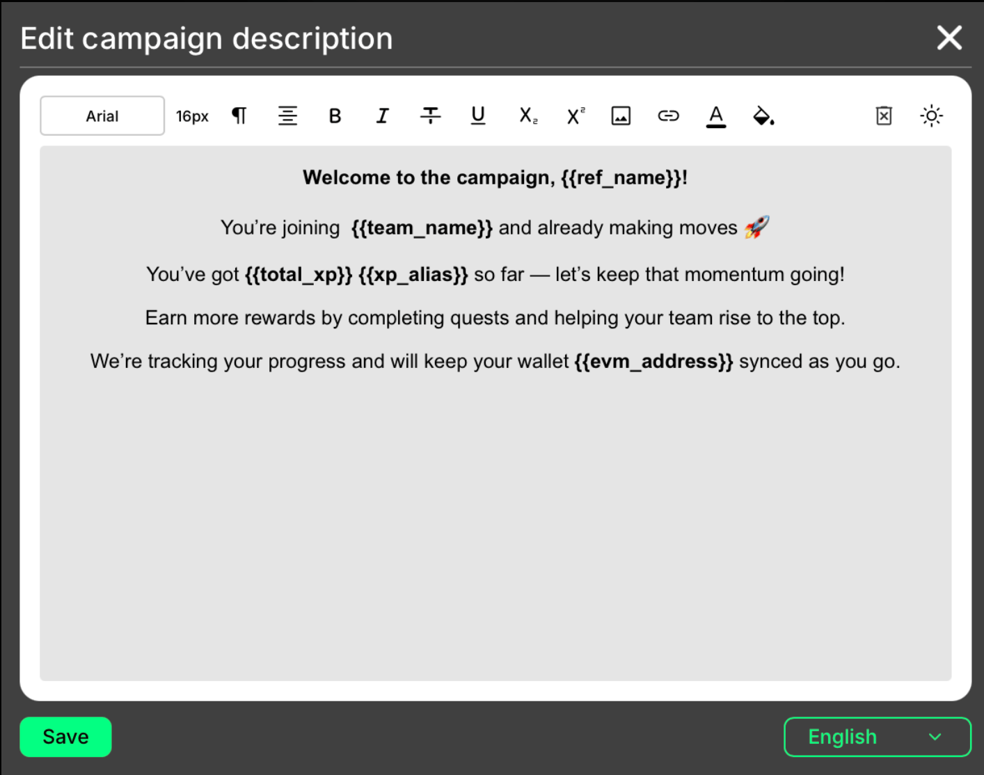 Description tags picker in the text editor