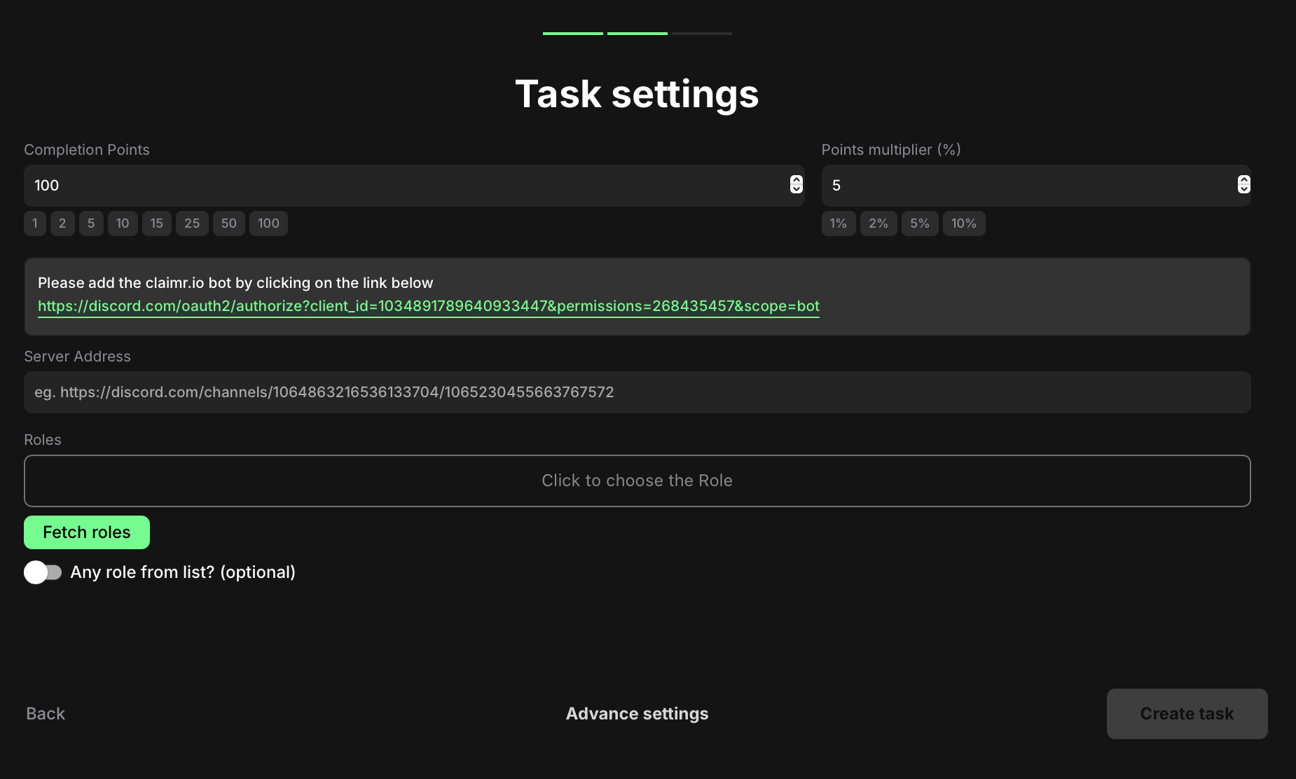 Verify Discord roles task settings