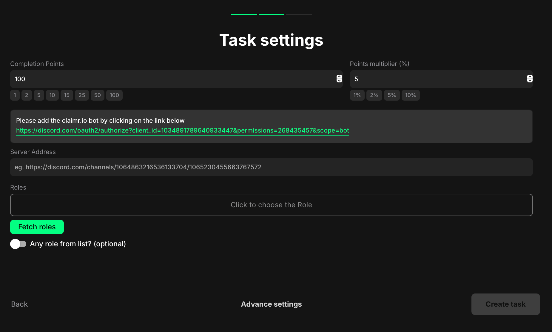 Verify Discord roles task settings