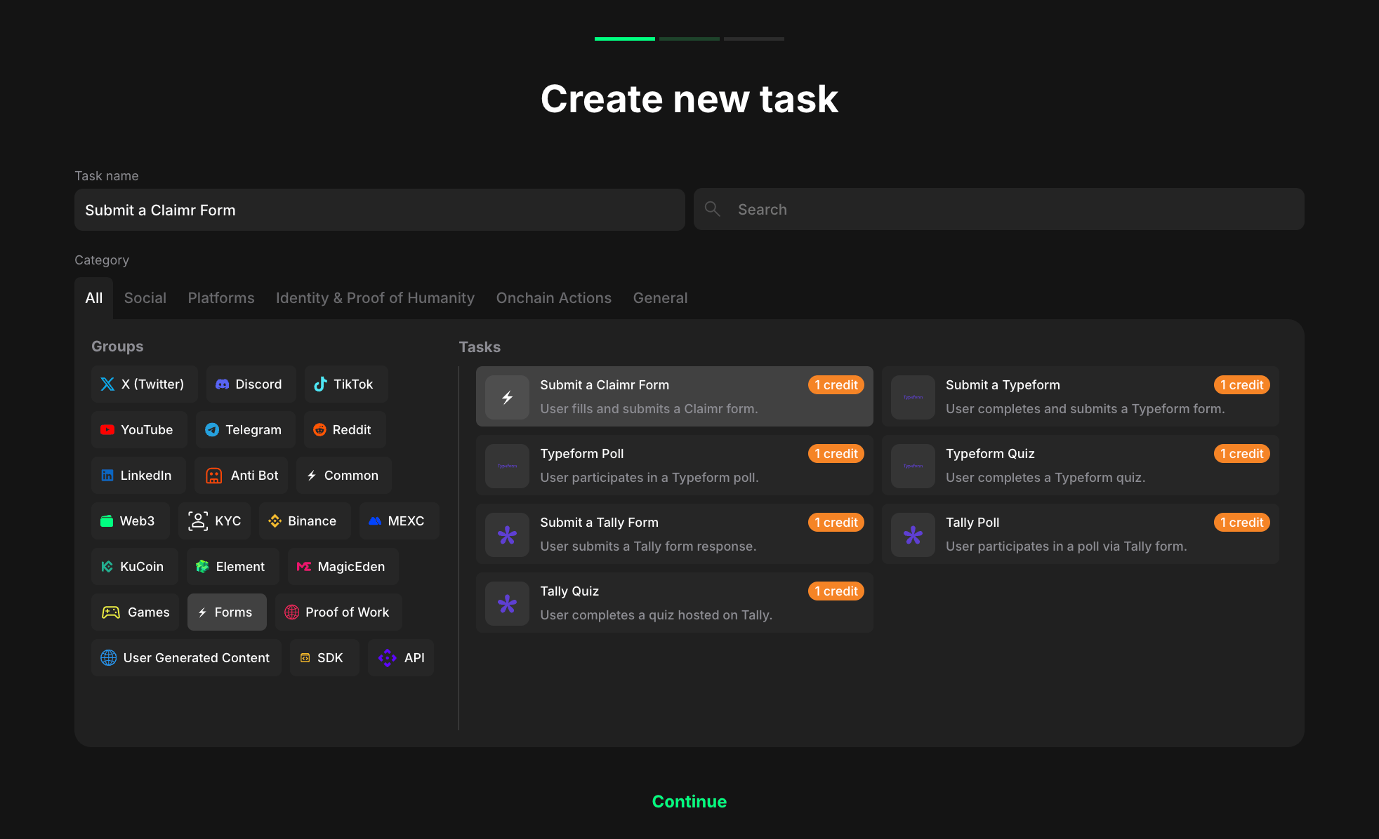 Form task type section