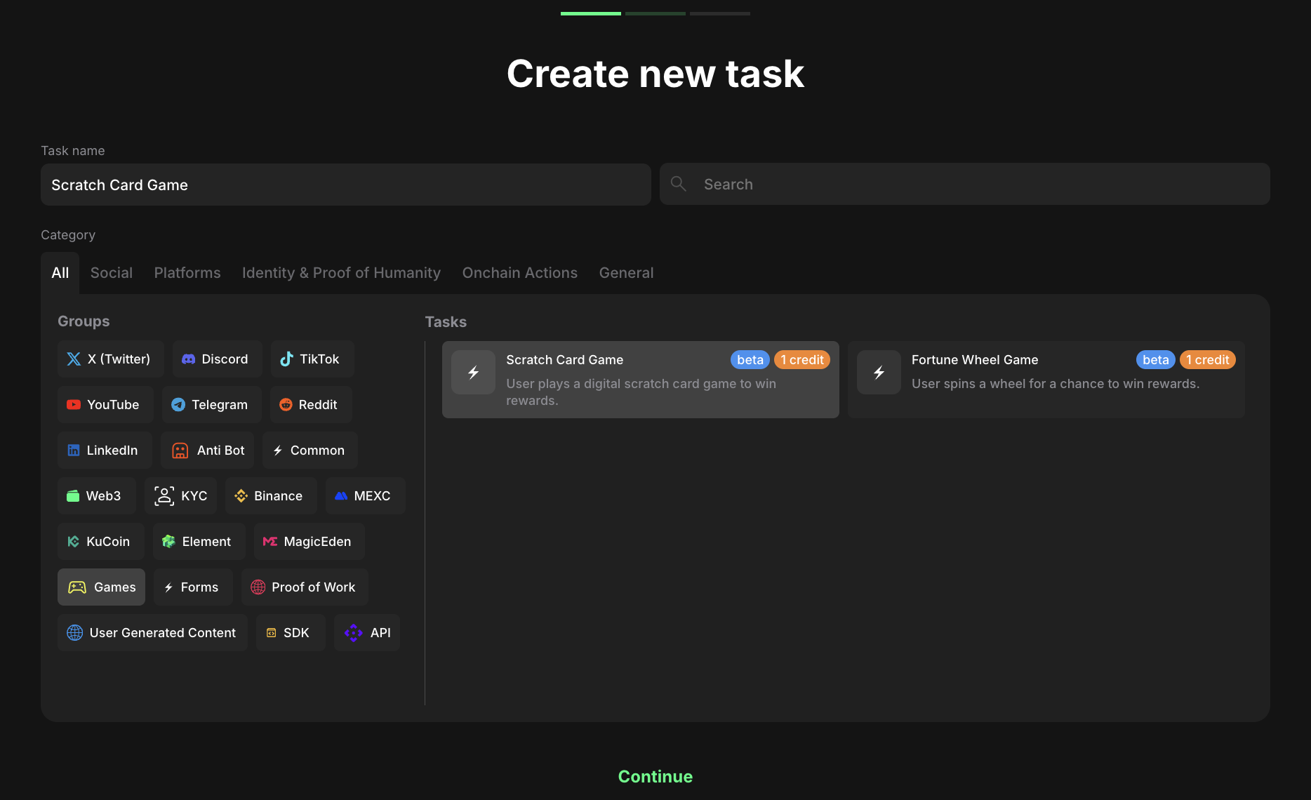 Game task category selection