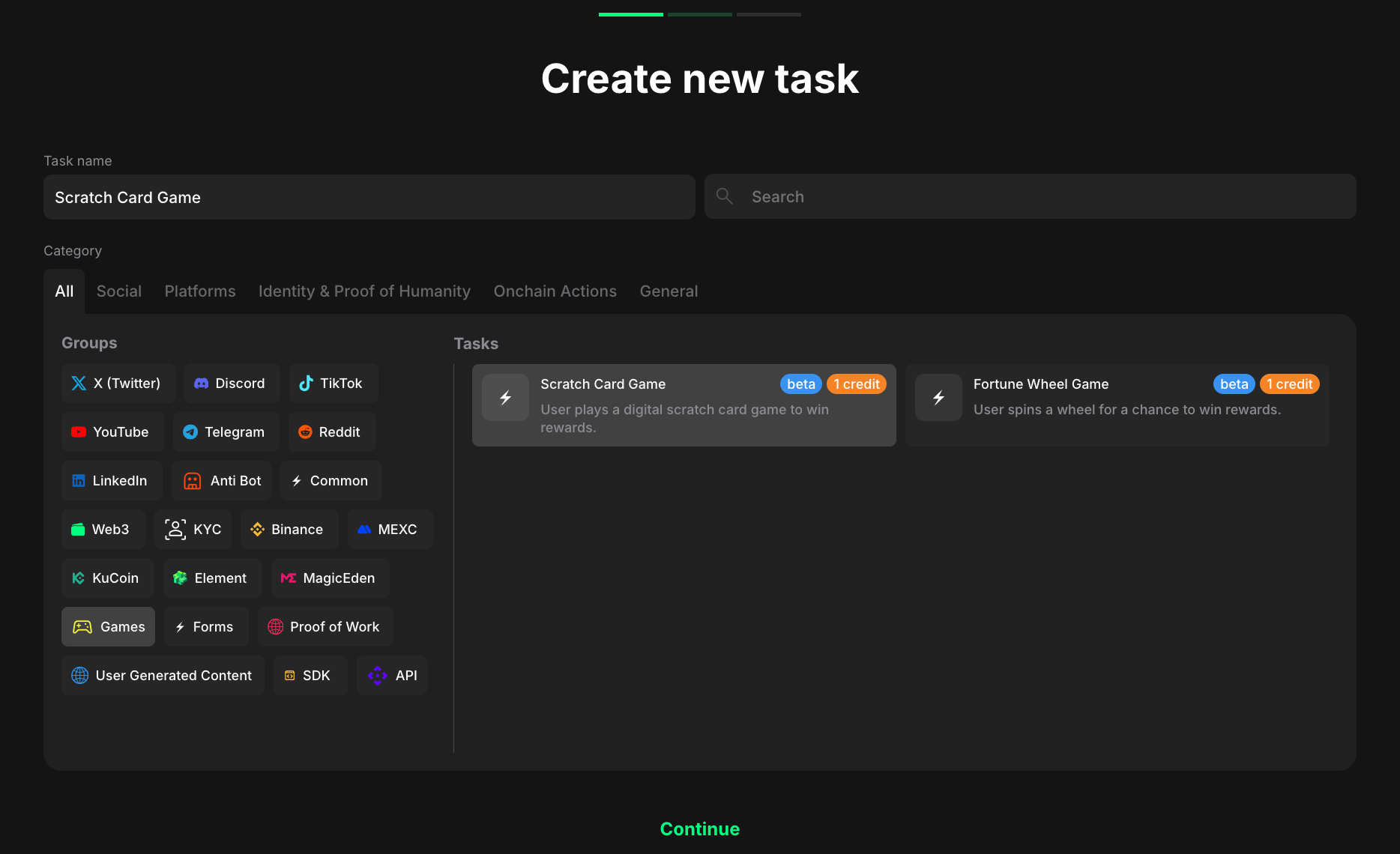 Game task category selection