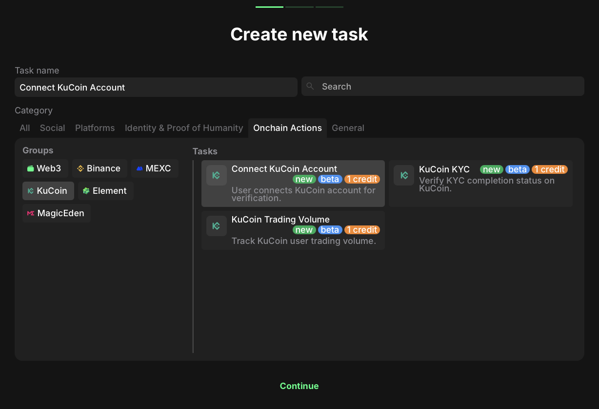 KuCoin task types overview