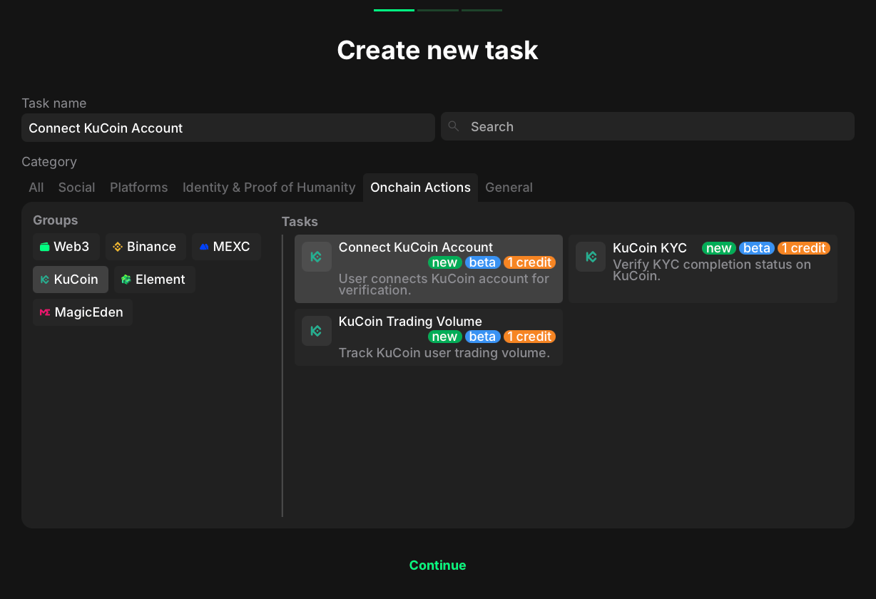 KuCoin task types overview
