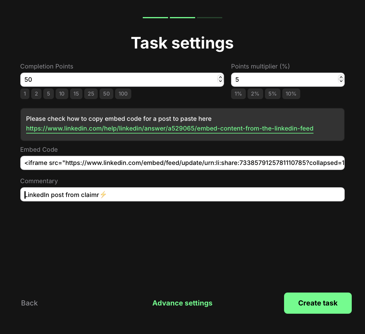 LinkedIn repost task settings