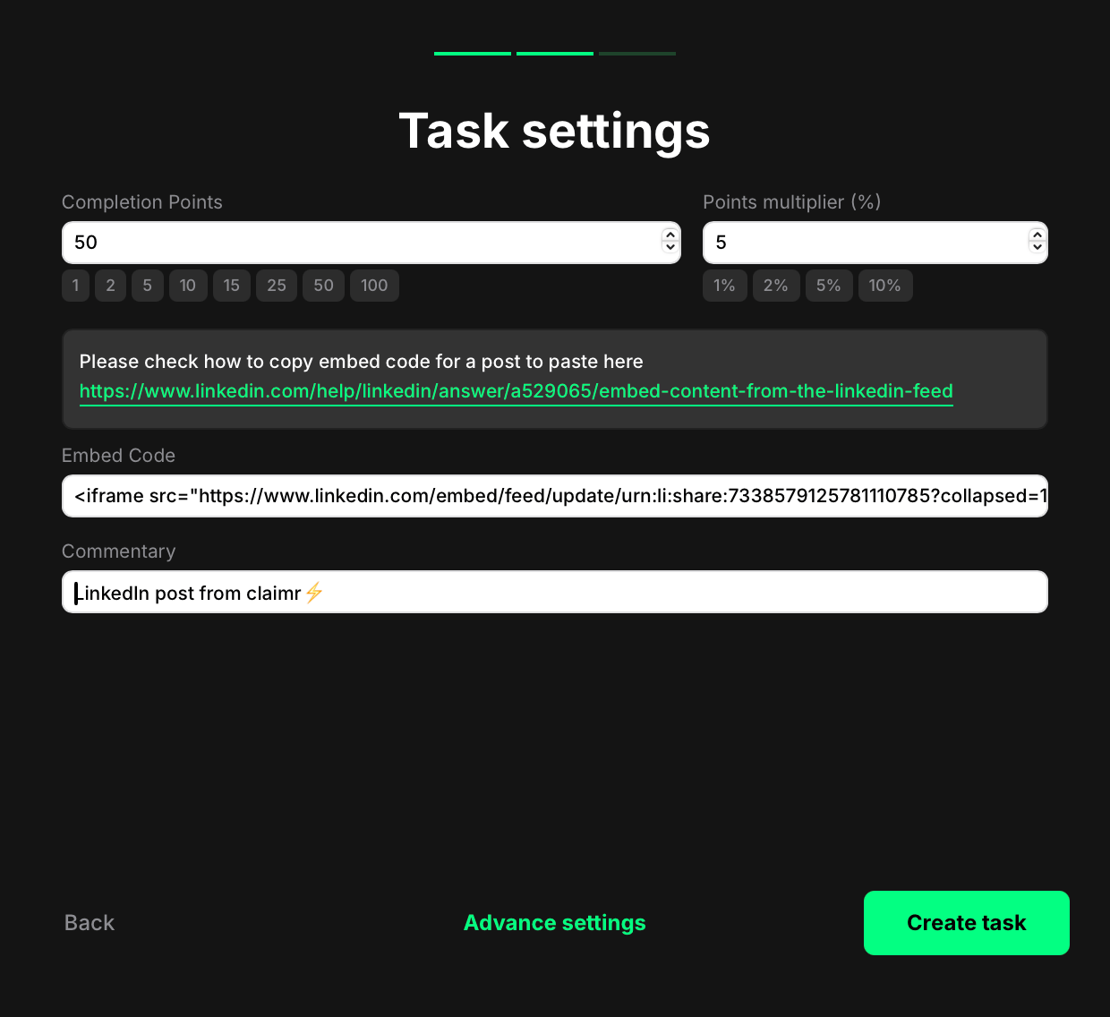 LinkedIn repost task settings